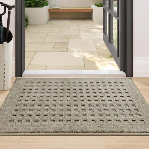 Miniatura 9 de BEQHAUSE Tapetes para puerta de 20 x 32 pulgadas, tapete antideslizante de punto gofre, de perfil bajo, resistente a la suciedad y absorbente, Beige
