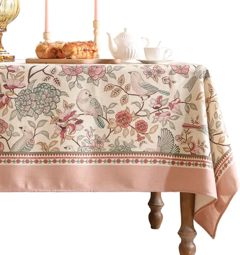 patdrea Mantel de lino rosa de diseñador para mesa cuadrada, mantel francés con patrón de pájaros, funda decorativa pequeña y colorida para cocina,
