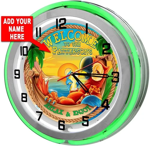 Miniatura 7 de Reloj de garaje personalizado Tiki Parrot Beach Bar de 18 pulgadas, color azul, doble neón, de Redeye Laserworks