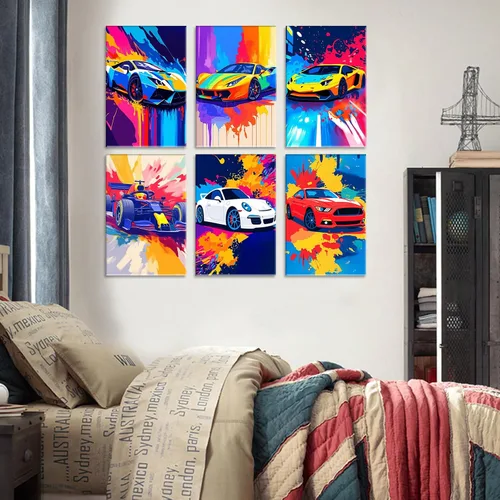 Miniatura 5 de Aihonmin Paquete de 6 pinturas por números para adultos, amantes de los automóviles, kit de pintura por números, sobre lienzo para principiantes