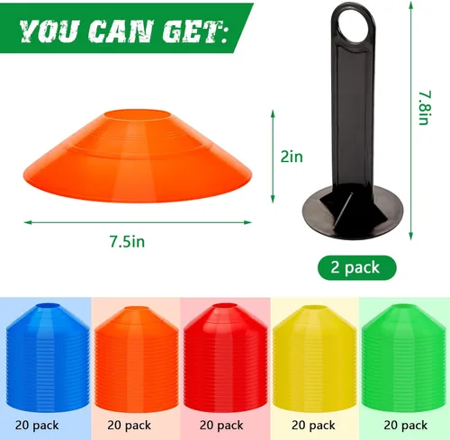 Miniatura 2 de Lewtemi - Juego de 100 conos de disco de fútbol, conos de entrenamiento deportivo, marcador de campo multicolor de plástico con 2 soportes