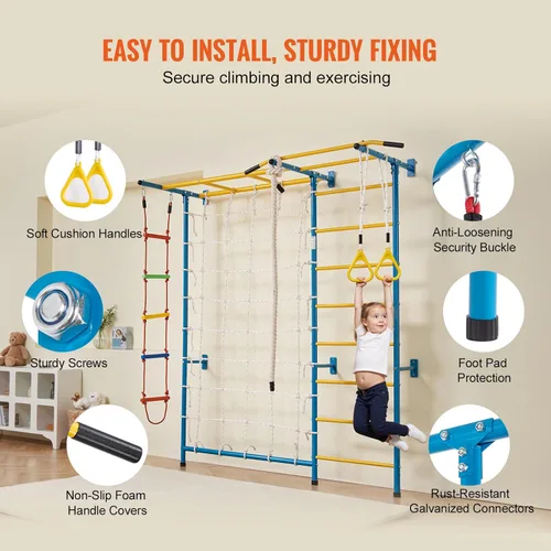 Miniatura 6 de VEVOR Gimnasio interior de la jungla para niños pequeños, juego de escalada 7 en 1 con escalera sueca de acero al carbono, escalera de pared, barra