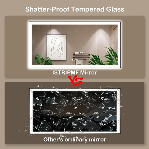 Miniatura 6 de Espejo de baño LED de 60x36 pulgadas con marco negro, espejos de baño retroiluminados y con luz frontal para pared, antiempañamiento, regulable
