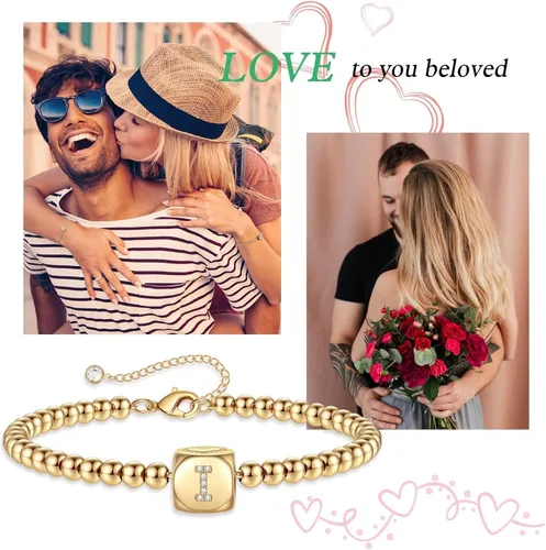 Miniatura 6 de Pulseras con iniciales de oro para mujeres y niñas, chapados en oro de 14 quilates, pulsera de cuentas redondas con dije de dados cuadrados, pulsera