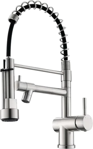 Miniatura 15 de VFAUOSIT - Grifo de cocina con rociador extraíble, grifo de fregadero de cocina sin plomo, níquel cepillado, acero inoxidable, arco alto, extracción