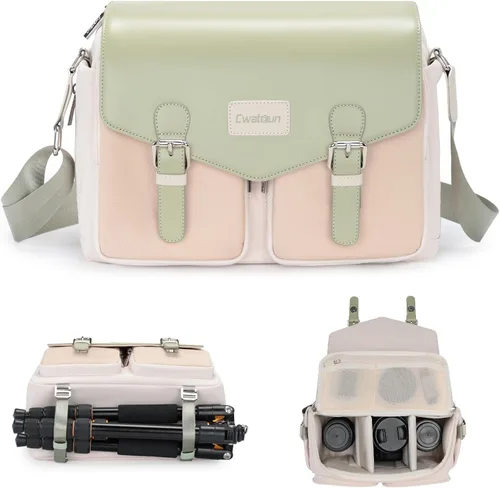 Miniatura 11 de Cwatcun Bolsa para Cámara Bolsa de Mensajero Cruzada de Hombro para Cámara, Bolsa de Fotografía de Viaje para Hombres/Mujeres con Soporte para Blanco