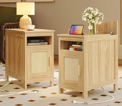 Miniatura 13 de Huuger Mesita de noche estrecha, mesa auxiliar con estación de carga, puerto USB-C, mesa auxiliar de ratán con gabinete y estante abierto, ratán