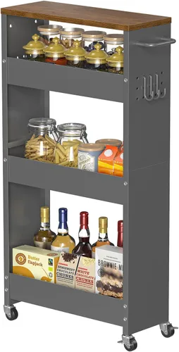 Miniatura 10 de CHLORYARD Carrito de almacenamiento delgado, carrito de cocina de 4 niveles, armario de almacenamiento estrecho con asa y ruedas, unidad de estante