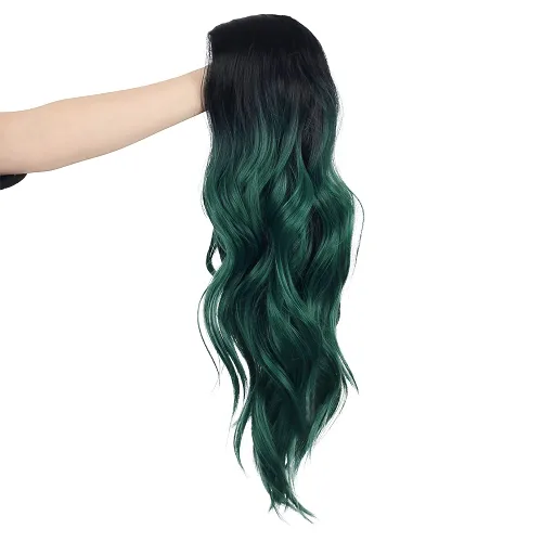 Miniatura 3 de Peluca larga y rizada ondulada, color negro y verde, peluca sintética natural con raya en medio para cosplay, pelucas de pelo para mujeres