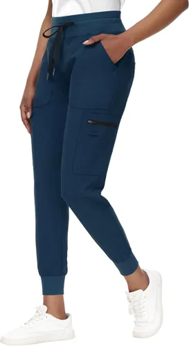 Pantalones médicos para mujer con 8 bolsillos, de punto acanalado, cintura alta, ajustados, estilo deportivo
