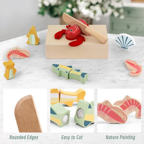 Miniatura 6 de PairPear Conjunto de Comida de Juguete de Madera para Cortar Mariscos - Comida de Juguete de Madera para Niños Pequeños Juego de Simulación