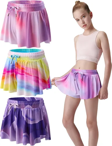 Miniatura 132 de Paquete de 3 pantalones cortos fluidos para niñas con forro de elastano, 2 en 1, faldas de mariposa para jóvenes, para fitness, correr, deportes
