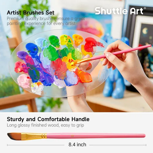 Miniatura 3 de Shuttle Art Juego de 12 pinceles de pintura con estuche, formas y tamaños surtidos para acrílico, acuarela, óleo y gouache, pinceles de artista Rosa