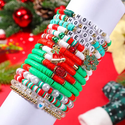 Miniatura 6 de Juego de 48 pulseras de Navidad apilables Heishi Surfer pulseras de Navidad con cuentas, pulseras de Navidad a granel para mujer, pulsera elástica