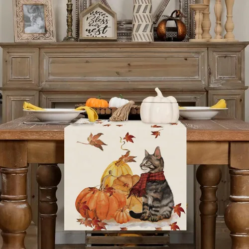 Miniatura 2 de GAGEC Camino de mesa de otoño, calabazas, gato, hoja de arce, cosecha de otoño, decoración de Acción de Gracias de temporada para el hogar, cocina