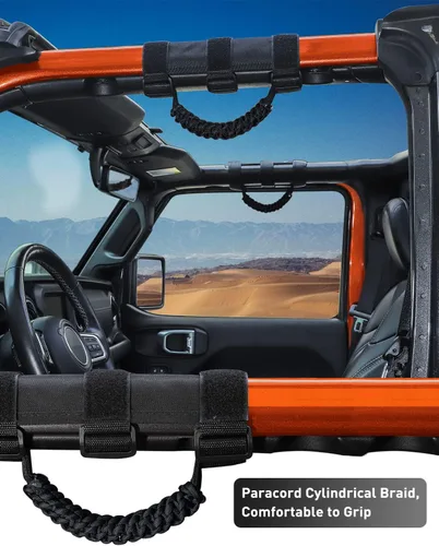 Miniatura 2 de Savadicar 2 x Asas de Agarre de Barra Antivuelco, Mango de Agarre de Tejido Circular Compatible con Jeep Wrangler 1955-2023 CJ YJ TJ JK JKU JL JLU