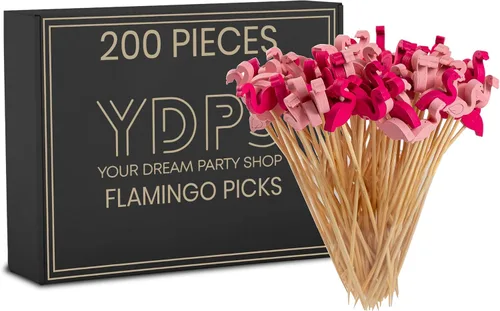 Juego de 200 palillos de flamenco, palillos de cóctel rosa de bambú de 4.7 pulgadas para bebidas, aperitivos, lua hawaiana, brochetas y decoraciones