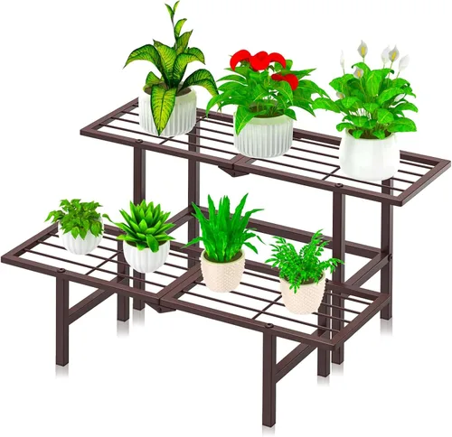 Miniatura 10 de Soporte de metal de 2 niveles para plantas para exteriores e interiores, estante plegable separado para plantas al aire libre, soporte de escalera