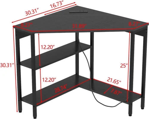 Miniatura 3 de Auromie Escritorio esquinero con tomas y puertos USB, mesa de esquina triangular de 90 grados con soporte para CPU y estantes de almacenamiento