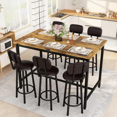 Miniatura 2 de Recaceik Juego de mesa de comedor de 50 pulgadas para 6, juego de mesa de bar de 7 piezas con taburetes tapizados, moderno juego de pub que ahorra