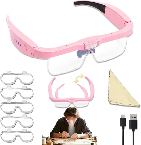 Miniatura 8 de Lupas profesionales con 5 lentes desmontables de 0.75 x 4.0 x y 3 luces LED, lupa recargable manos libres para trabajo cercano, manualidades