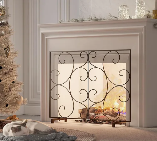 Miniatura 2 de Kingson - Pantalla protectora decorativa de panel único para chimenea, malla de metal resistente hecha a mano, protector contra chispas de fuego