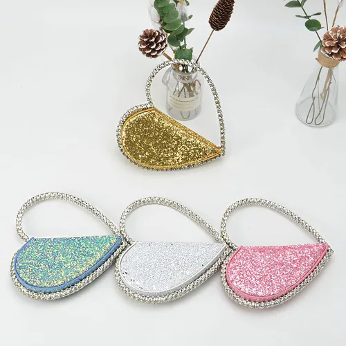 Miniatura 7 de Anopo Mini corazón forma redonda Rhinestone embrague bolso bolso marco diamante brillo lentejuelas brillantes bolso de noche boda fiesta
