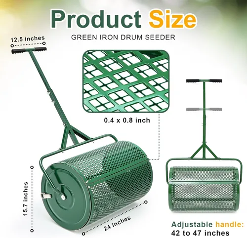 Miniatura 2 de Hiboom Esparcidor de compost de 24 pulgadas, esparcidor de musgo de turba, rodillo de estiércol con mango ajustable en forma de T, malla metálica