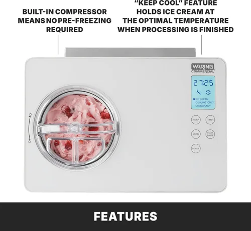 Miniatura 4 de Waring WCIC20 - Máquina para hacer helados de 2 cuartos de galón con compresor integrado, 180 W, 120 V, enchufe de 5 a 15 fases, color plateado