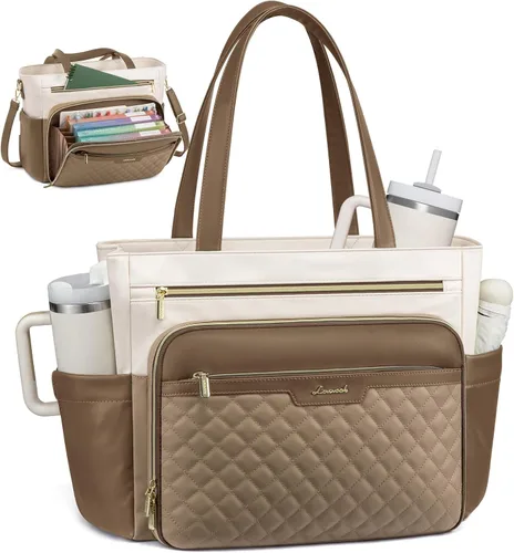 Miniatura 10 de LOVEVOOK: bolsa de mano para profesores con bolsillo de acordeón, maletín de trabajo de cuero PU suave acolchado, bolsa para laptop con portavasos