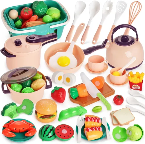 LovesTown - 59 piezas de accesorios de cocina de juguete con cesta, juego de comida de juego rosa para niños con ollas, sartenes, vajilla, juguetes