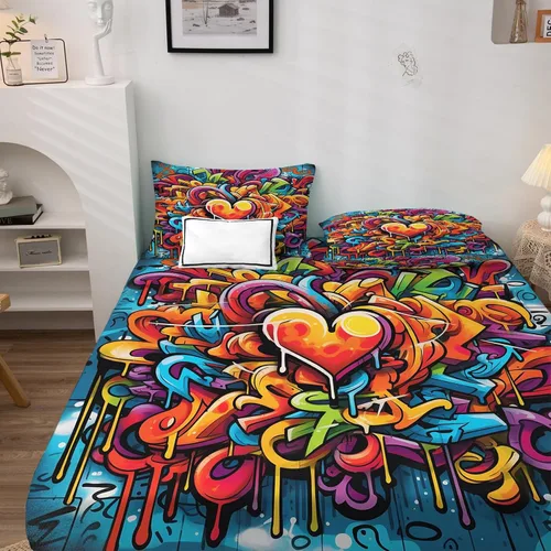Miniatura 2 de Juego de sábanas de graffiti tamaño individual, sábanas de corazón hippie de 3 piezas, sábanas y fundas de almohada con patrón – Sábana bajera