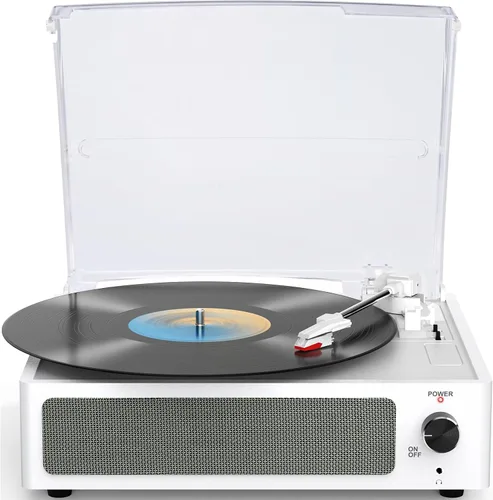Reproductor de discos de vinilo con altavoces, tocadiscos con transmisión por correa, soporte de mesa, 3 velocidades, 3 tamaños, reproducción Blanco