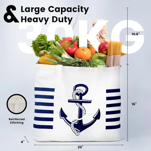 Miniatura 2 de Bolsa de lona con diseño náutico de anclaje con bolsillo interior, cremallera superior, bolsas de comestibles reutilizables para mujeres, playa