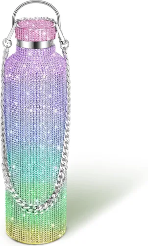 Miniatura 31 de Geiserailie Botella de agua con diamantes de imitación de acero inoxidable, térmica, recargable, aislada, con cadena, para mujeres y niñas