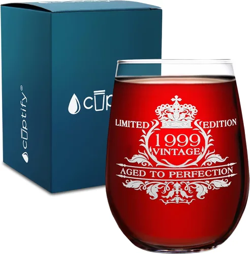 Miniatura 7 de Cuptify Copa de vino personalizada para mujer, regalo de cumpleaños número 26, edición vintage de 1999, 17 onzas, copa de vino sin tallo, regalos