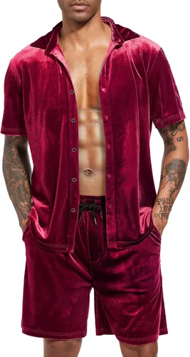 Miniatura 67 de LecGee Conjunto de pantalones cortos casuales de verano para hombre, camisa de terciopelo de manga corta con botones, pantalones cortos de cintura