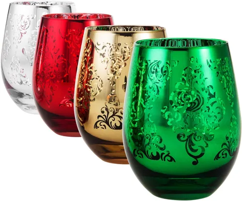 Miniatura 8 de MyGift Copas de vino modernas de 14 onzas sin tallo de vidrio azul iridiscente con borde en ángulo, cristalería transparente con tinte de brillo