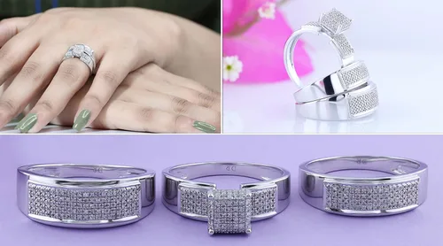 Miniatura 3 de Dazzlingrock Collection 0.65 quilates (ctw) - Conjunto de boda de novia de tres diamantes blancos redondos para hombres y mujeres, color plata