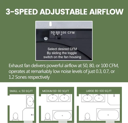 Miniatura 3 de Akicon Extractor de baño con luz, motor de CC de 50-80-100 CFM, luz LED de 1.2 Sones 3CCT 2700K/4000K/5500K con luz nocturna de 7 W, ventilador
