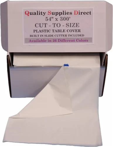 QSD Rollo de plástico para mesa de banquetes de fiesta, 300 pies x 54 pulgadas, mantel desechable con cortador de caja deslizante (blanco)