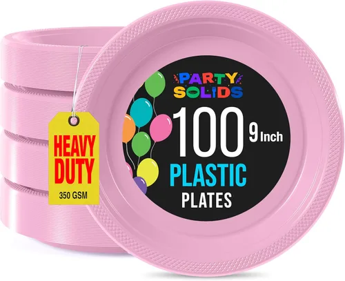 Miniatura 10 de Exquisitos platos de plástico rojo Party Solids para fiesta, platos desechables rojos de 9 pulgadas, juego de vajilla de plástico resistente, 100