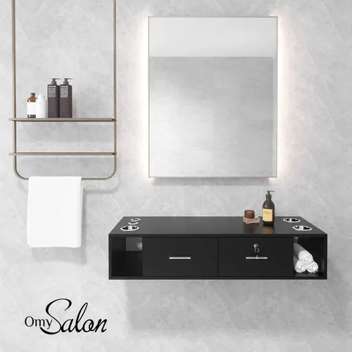 Miniatura 3 de OmySalon Estación de estilo de montaje en pared para estilista, equipo de peluquería de belleza, estación de gabinete de salón con cajones de Negro