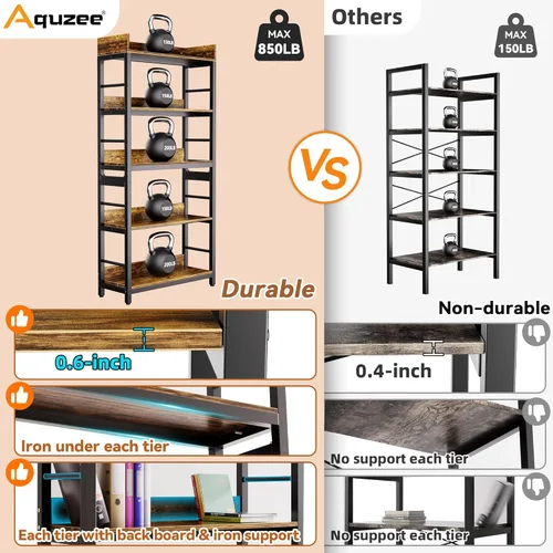 Miniatura 4 de Aquzee Librería, 66 "H 5-Tiers Heavy Duty Industrial Estantería de Madera y Metal, Rústica y Negro Unidades de Estante Alto para el Hogar, Oficina