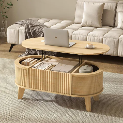 Miniatura 10 de LYNCOHOME Mesa de Centro con Tapa Elevable Acanalada con Almacenamiento, Mesa de Centro Ovalada Moderna para Sala de Estar u Oficina en Casa (Nogal)