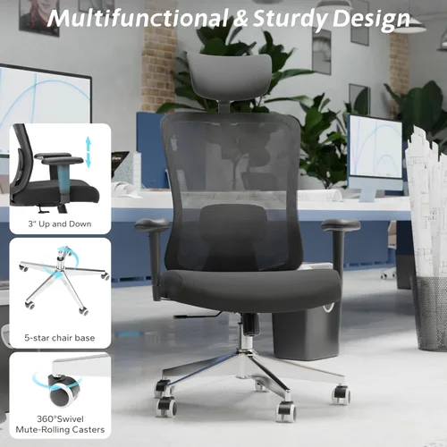 Miniatura 7 de Silla de oficina ergonómica con soporte lumbar ajustable y reposabrazos abatibles, silla de escritorio de computadora de respaldo alto con cojín