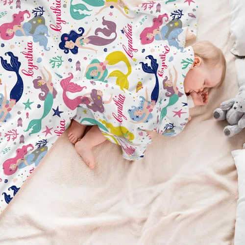 Miniatura 5 de Manta personalizada de sirena para niñas, manta de envoltura personalizada con nombre, manta de forro polar suave para niños recién nacidos, manta