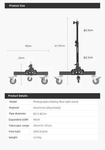 Miniatura 3 de AMBITFUL Soporte de luz resistente con ruedas, soporte de trípode de fotografía de 21 a 31.9 pulgadas con diseño plegable de altura ajustable y 3
