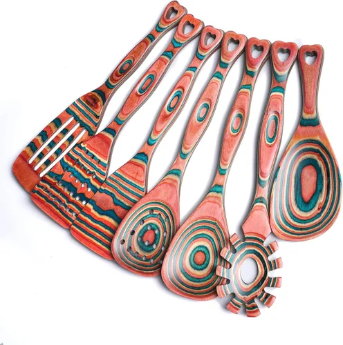 Miniatura 11 de Gudamaye Pakkawood - Utensilios de cocina de madera de 7 piezas, cucharas de madera para cocinar, utensilios de cocina de madera de Pakkawood