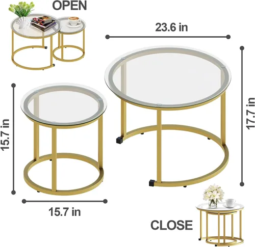 Miniatura 3 de aboxoo Juego de 2 mesas de centro anidables doradas, pequeñas mesas redondas de vidrio para sala de estar, dormitorio, mesa de té decorativa